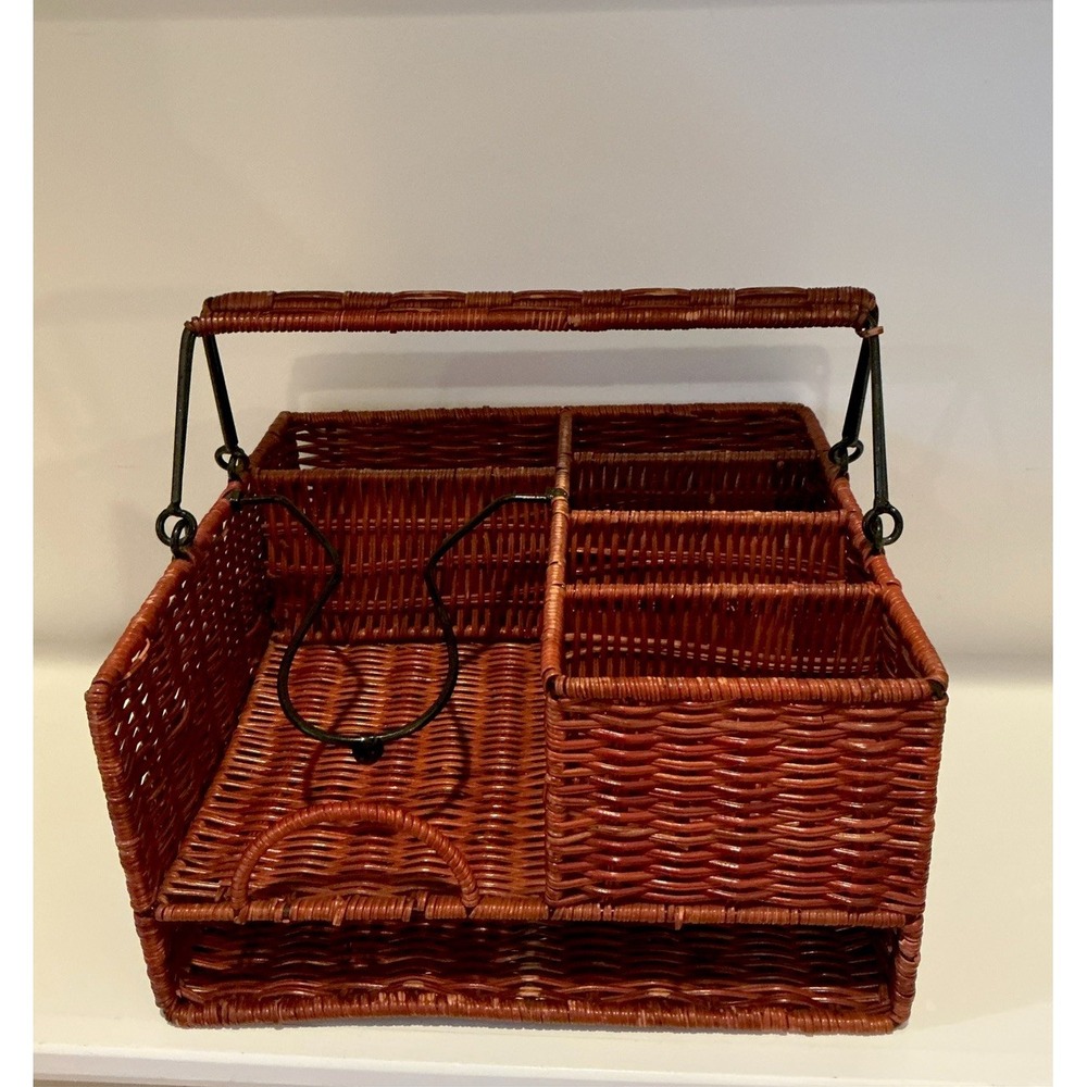 Wicker Basket Caddy / Organizer for Picnic or Tabletop with 7 Compartments